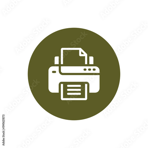 A minimalist icon depicting a white printer on a dark olive background