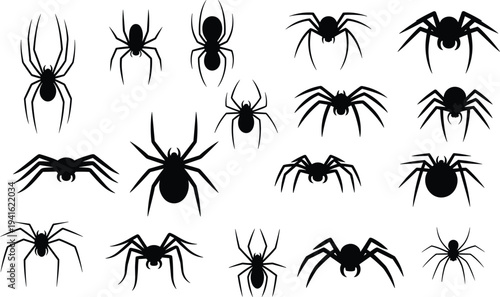 Spider silhouette set with various arachnid shapes creepy crawling insects collection isolated on white background for halloween design vector illustration