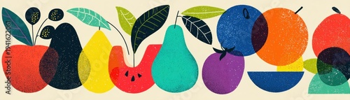 Abstract fruit illustration, stylized organic shapes with stippled texture, colorful produce in a row