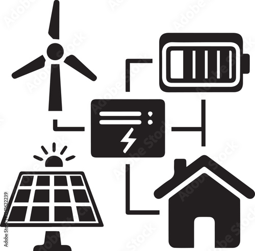 Vector illustration of renewable energy sources powering a house with solar panel, wind turbine, and battery