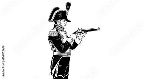 19th Century Soldier with Flintlock Pistol, Historical Military Illustration