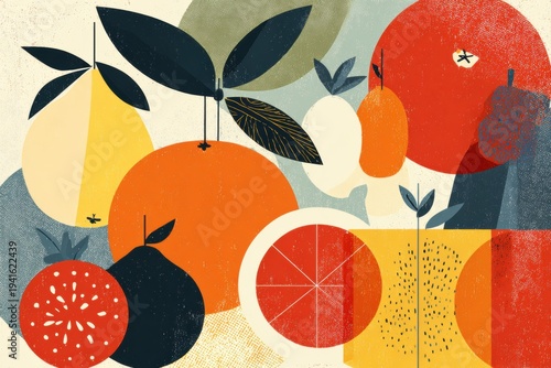 Abstract citrus fruit illustration with oranges lemons and leaves, retro graphic midcentury modern style