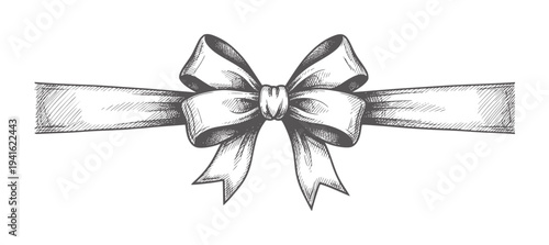 Black and white of a decorative ribbon bow a rectangular band