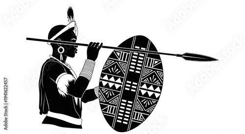 African Warrior with Spear and Shield, Traditional Attire, Silhouette
