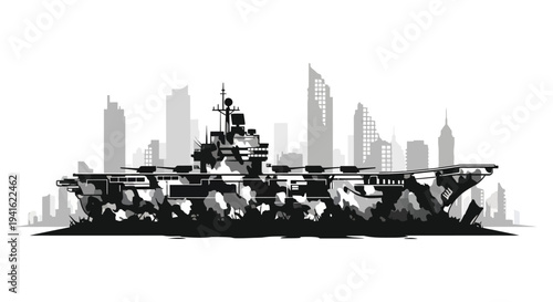 Aircraft Carrier in City Skyline Silhouette, Military Warship, Urban Camouflage, Naval Power