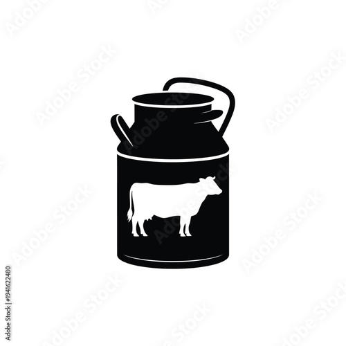 A black silhouette of a milk can featuring a white cow illustration