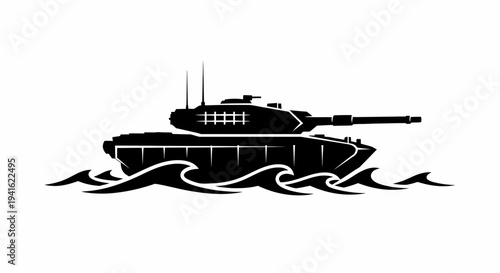 Amphibious Tank Crossing Water Waves - Military Vehicle Illustration