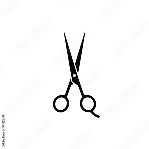A simple black and white illustration of open hair cutting scissors