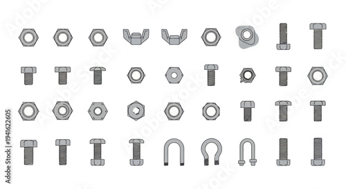 Various metal bolts nuts and industrial hardware fasteners collection.