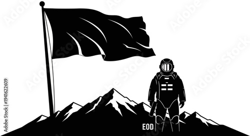 Astronaut plants black flag on mountain peak, symbol of exploration and achievement
