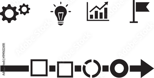Vector workflow process diagram with gear, light bulb, chart, and flag icons leading to a circular progress indicator