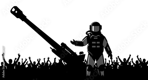 Astronaut with Cannon and Crowd, Sci-Fi Military Concept