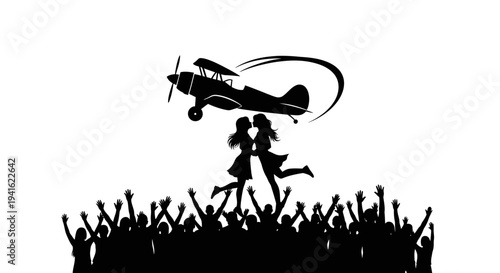 Biplane Airshow Crowd Cheering Two Women Kissing Silhouette