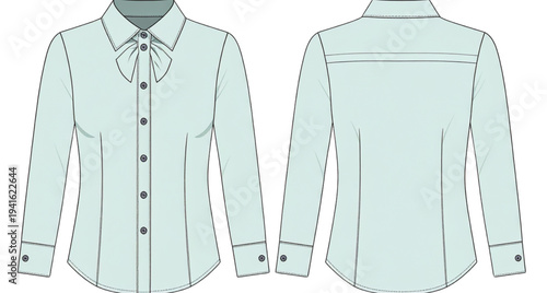 Light green long sleeve women's button up blouse flat fashion technical sketch vector illustration with bow collar detail, professional corporate office wear apparel template for design mockups