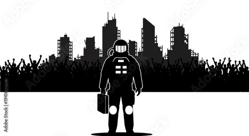 Astronaut stands before ruined city and cheering crowd, symbolizing hope or return.