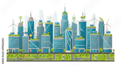 Vector illustration of a futuristic green city with sustainable energy skyscrapers and modern architecture.