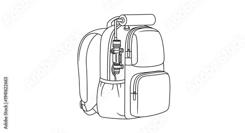 Backpack with attached water filter and roll-top bag for hiking and travel