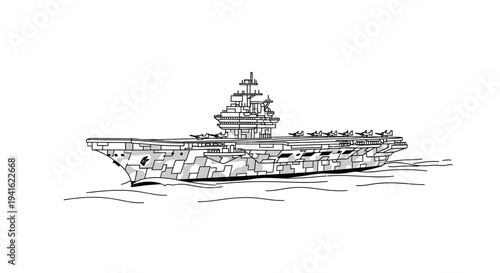 Black and White Sketch of an Aircraft Carrier Sailing on Water