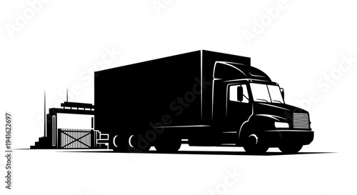 Black Silhouette of a Semi-Truck and Loading Dock in a Stark Black and White Graphic Style