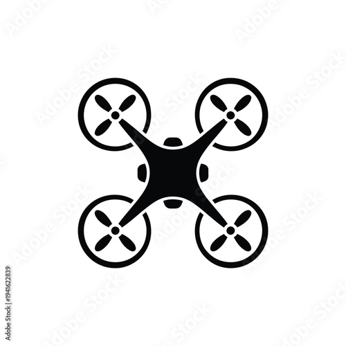 A simplified black silhouette of a modern quadcopter drone viewed from above