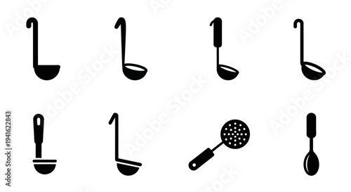 Collection of kitchen utensils displayed in a grid pattern on a plain background from a direct viewpoint