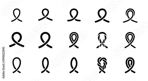 Collection of simple black ribbon illustrations on white background viewed from directly above