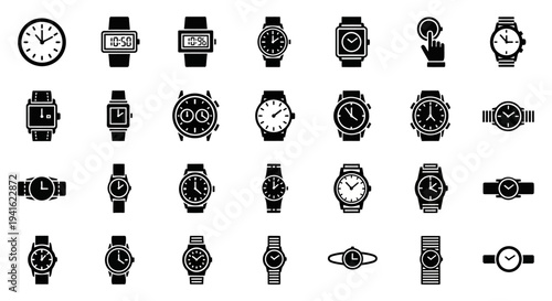 A collection of various watch designs and clock illustrations from different viewpoints