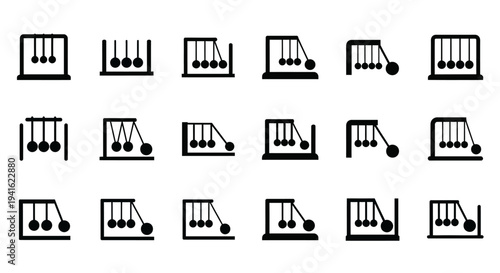 A series of simple black graphic illustrations of various mechanical components and abstract designs on a plain background from a straightforward viewpoint