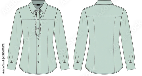 Light green long sleeve women's button up blouse flat fashion technical sketch vector illustration with bow collar detail, professional corporate office wear apparel template for design mockups