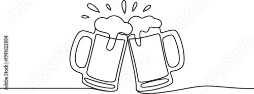 continuous line drawing of beer mug frothing clinking in happiness hour party time. one line art icon drawing vector