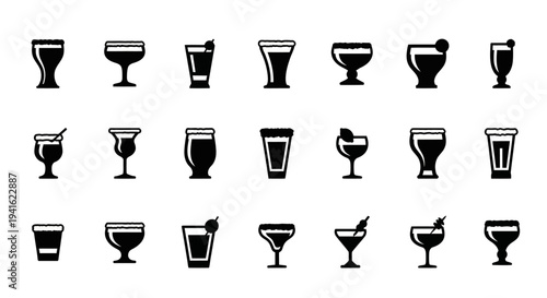 Collection of various cocktail glasses and drinks displayed on a clean white background from a straightforward viewpoint