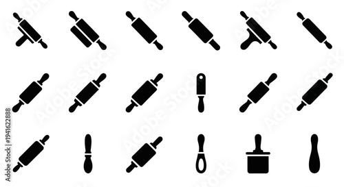 Collection of various kitchen utensils and tools displayed in a grid pattern on a plain surface from a direct overhead viewpoint.