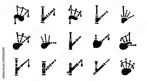 Collection of Various Bagpipes Illustrated in Different Angles and Motions