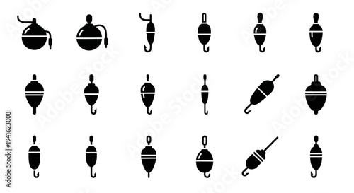 Collection of fishing sinker weights displayed in a grid pattern on a plain background from a straightforward viewpoint