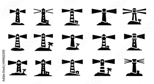 Collection of diverse lighthouse silhouettes in various orientations and designs