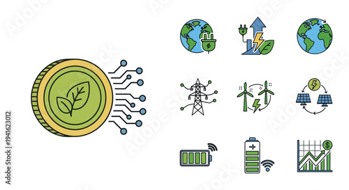 Digital Coin with Leaf Symbol and Circuitry Surrounded by Eco-Friendly Technology Icons.