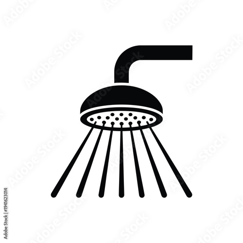 A simple black and white icon depicting a modern shower head with water droplets