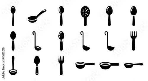 Collection of various black silhouettes of kitchen utensils on a white background viewed from directly above