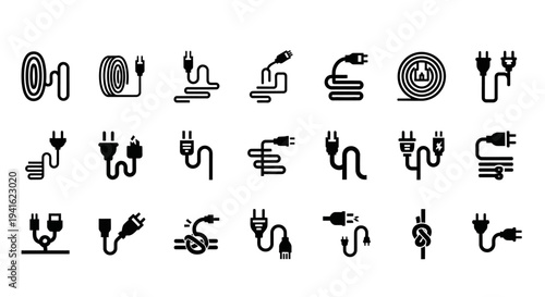 Collection of various electric cable and plug icons displayed on a clean white background from a straightforward viewpoint