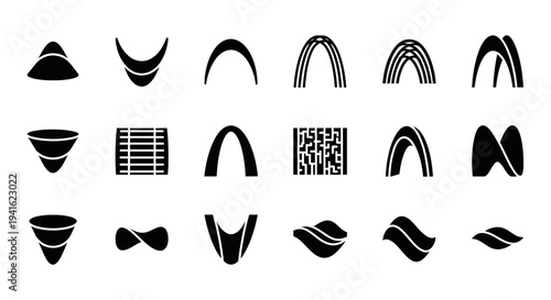 Collection of diverse abstract black shapes and designs displayed on a clean white background from a straightforward viewpoint