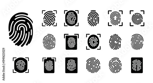 Collection of various fingerprint icons and illustrations in different styles and orientations