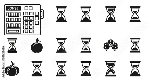 Collection of hourglass and fruit icons with a calculator icon displayed prominently in a grid layout