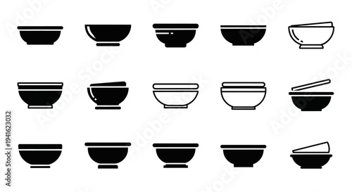 Collection of various bowls and utensils icons in different styles and designs