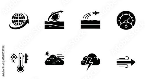 Weather icons set depicting various weather conditions and elements on a clean white background from a straightforward viewpoint