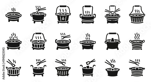 Collection of various cooking pots and utensils on stoves in a kitchen setting from a straightforward viewpoint