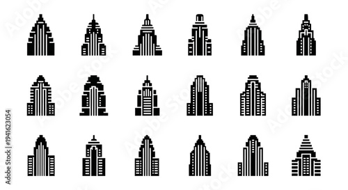 Collection of various black and white building illustrations displayed in a grid pattern