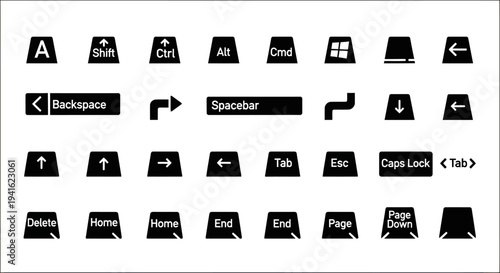 Collection of black icons representing various computer keyboard keys and functions displayed on a white background