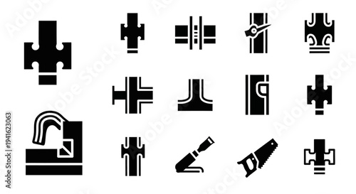 Collection of various black pipe fittings and plumbing icons on a white background viewed from directly above.