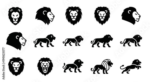 Collection of lion illustrations showcasing various poses and profiles from different viewpoints