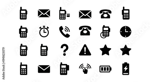 A collection of black icons representing communication, time, and alerts on a plain background viewed from directly above